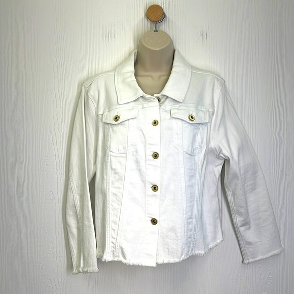 Hilfiger Jeans - White Fringe Gold Button Down Long Sleeve Jean Jacket Size LG - Picture 1 of 12